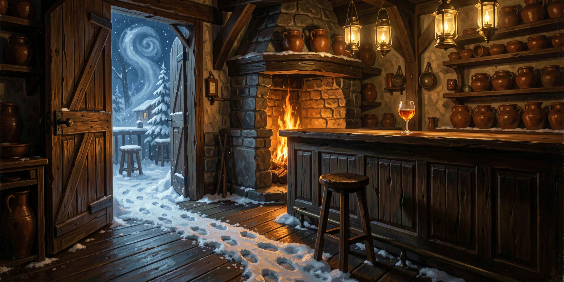 Painted tavern interior at night: snowy footprints lead from an open door toward an empty stool at the bar, where a glass of amber drink is already poured beside the hearth fire.